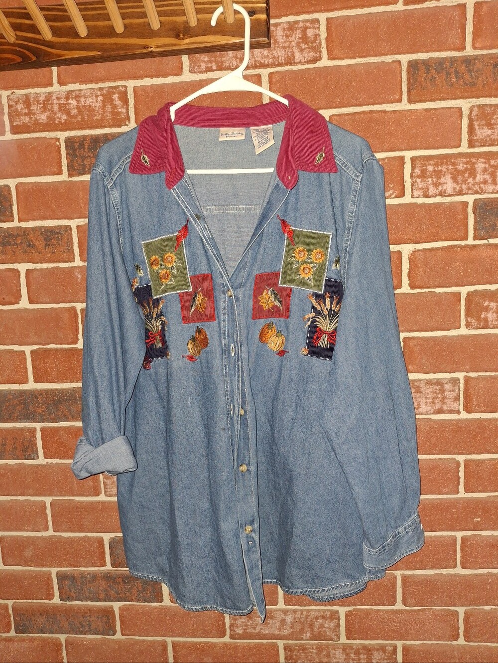 Vintage denim button-up shirt with embroidered autumn-theme